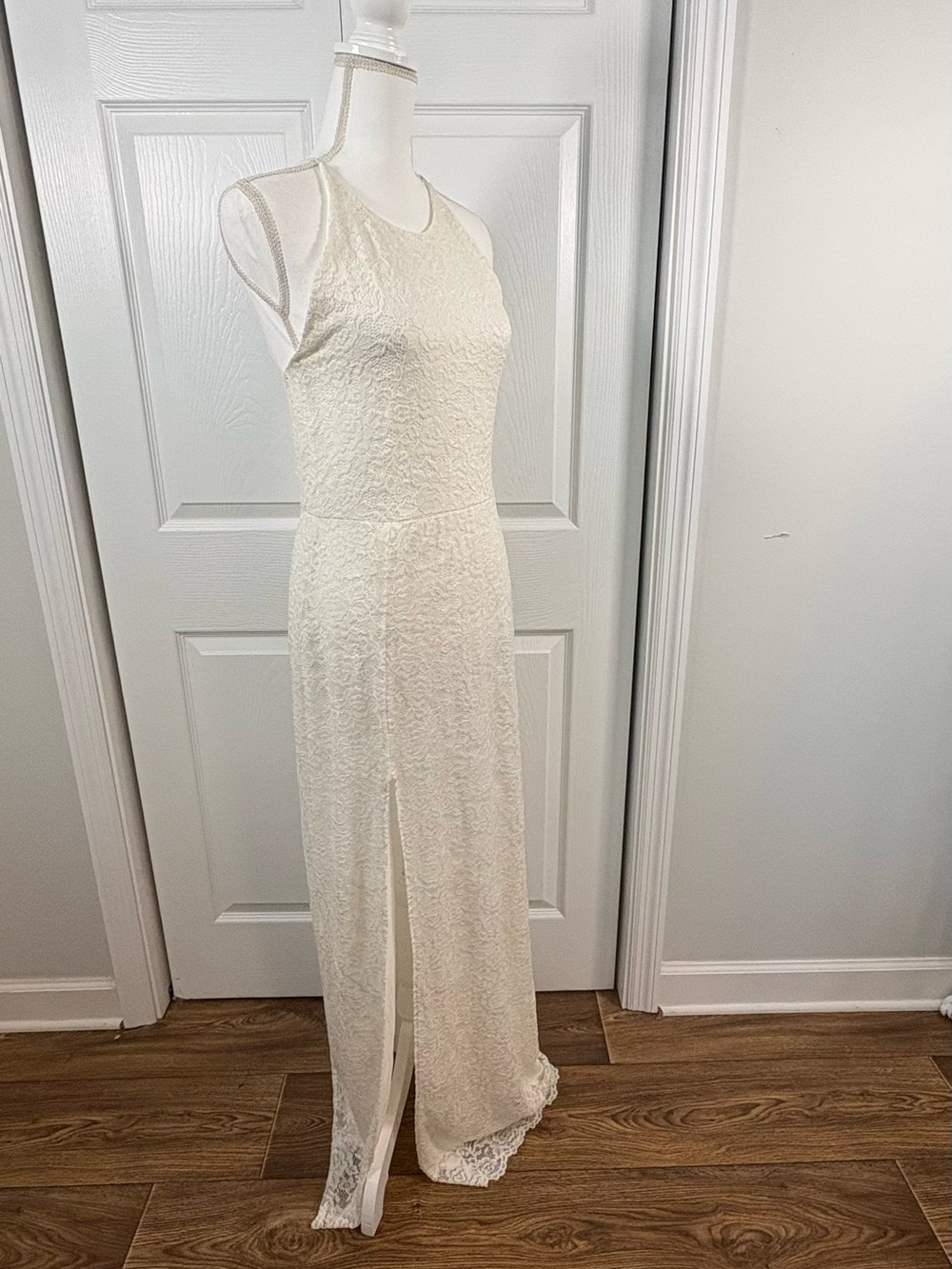 NWT Ivory Lace Maxi Dress Large Boho Beach Bridal Romantic Side Slit Cottagecore - Picture 3 of 8